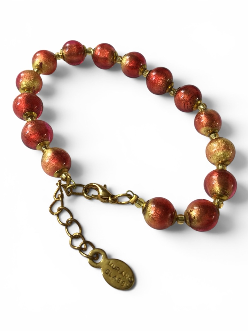 Rare Murano Glass Ombré Red-Orange Beaded Bracelet, Gold-Tone, Made in Italy - Picture 8 of 12
